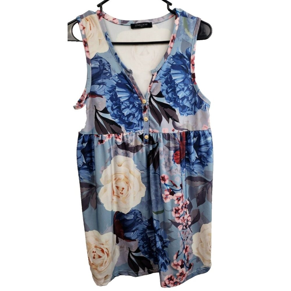 LoveU Dear Womens Sleeveless‎ Babydoll BOHO Tunic Top Small Blue Floral Beach
